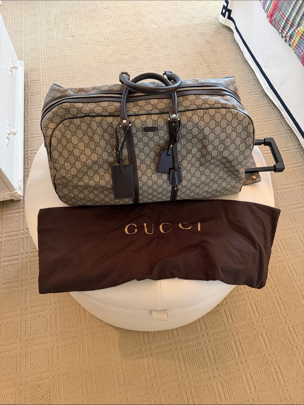 Authentic Gucci Beige Brown GG Supreme Rolling Duffel with Dark Brown Trim